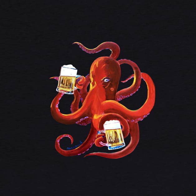 Octopus Painting, Red Octopus Drinking Beer, Animals and Beer, Octopus Art, Dining Room Painting, Funny Beer Poster, Man Cave Bar Beer Decor by realartisbetter